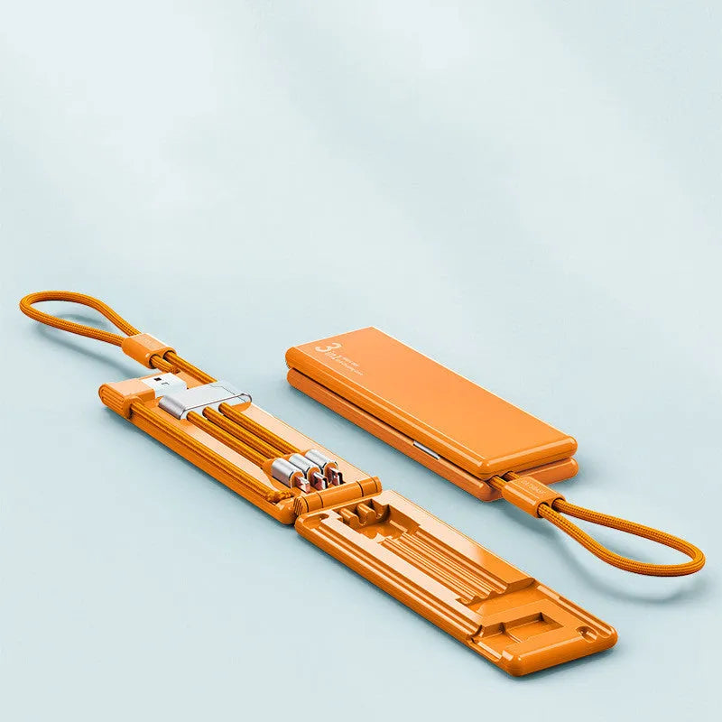 Multifunctional one-for-three charger cable in black with iPhone, Type-C, and Micro USB connectors