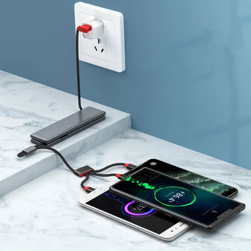 Multifunctional one-for-three charger cable in black with iPhone, Type-C, and Micro USB connectors