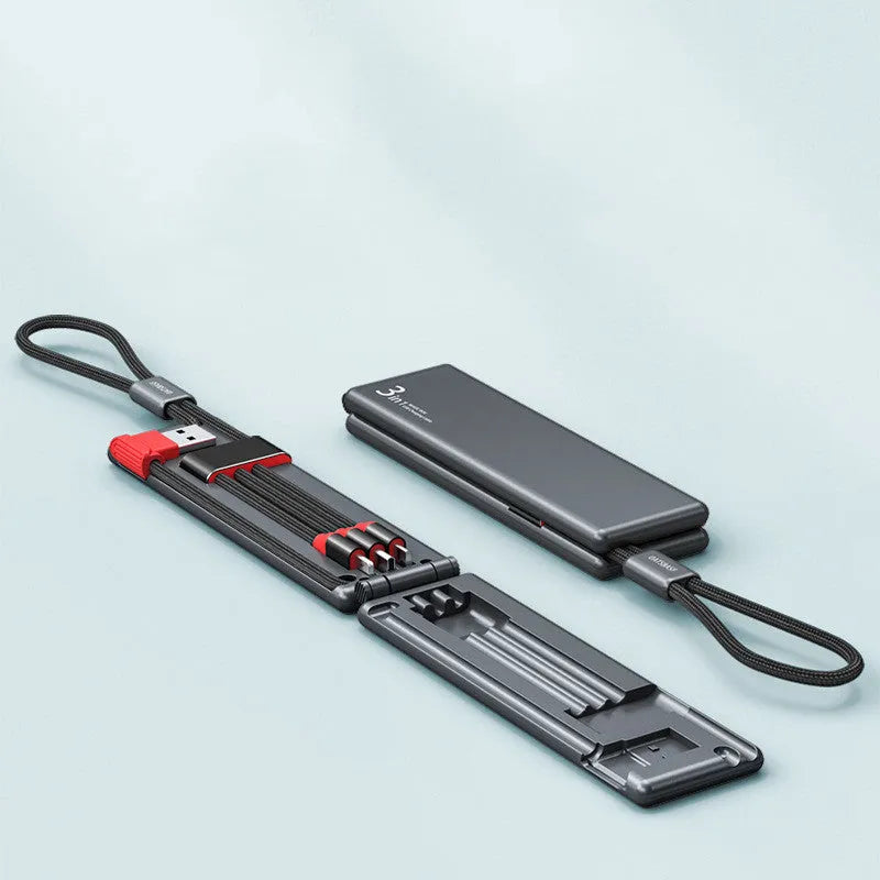 Multifunctional one-for-three charger cable in black with iPhone, Type-C, and Micro USB connectors