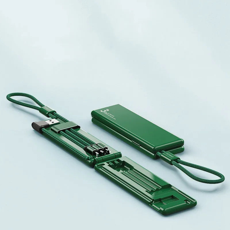 Multifunctional one-for-three charger cable in black with iPhone, Type-C, and Micro USB connectors