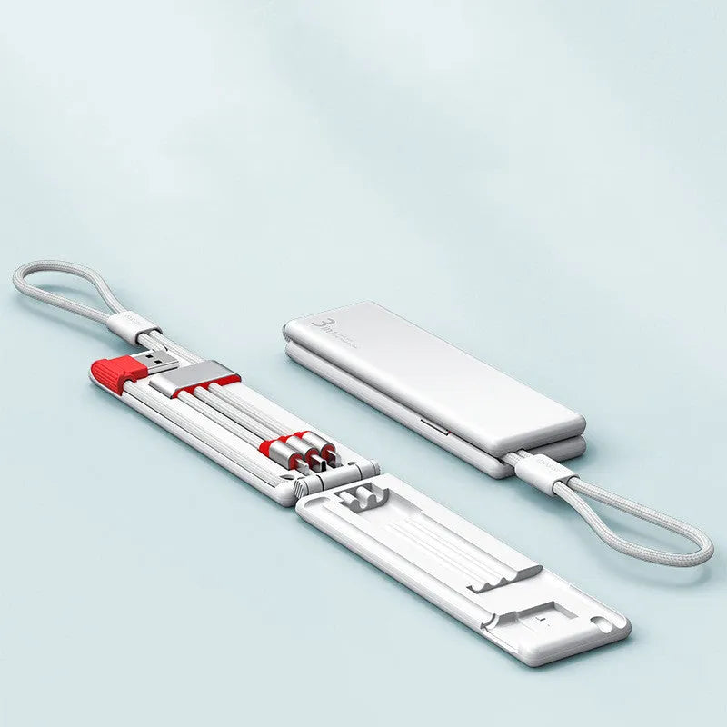 Multifunctional one-for-three charger cable in black with iPhone, Type-C, and Micro USB connectors