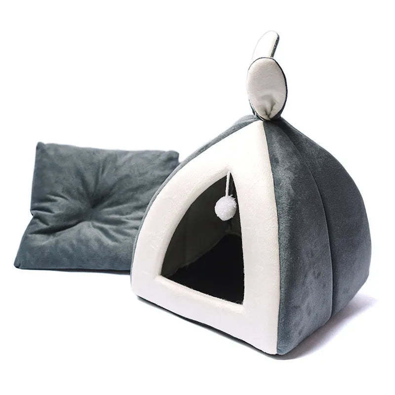 Grey cloth cat house villa pet bed with tunnel entrance, shown next to a small dog for scale