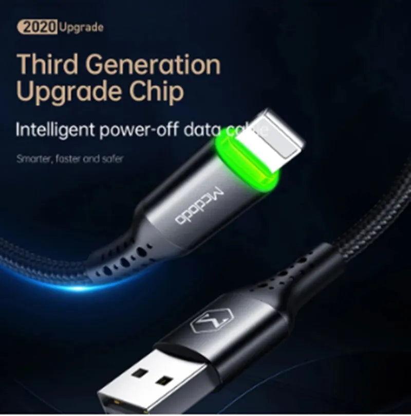 Black Apple MFi Lightning to USB A cable with dual-colour LED lights showing charging status