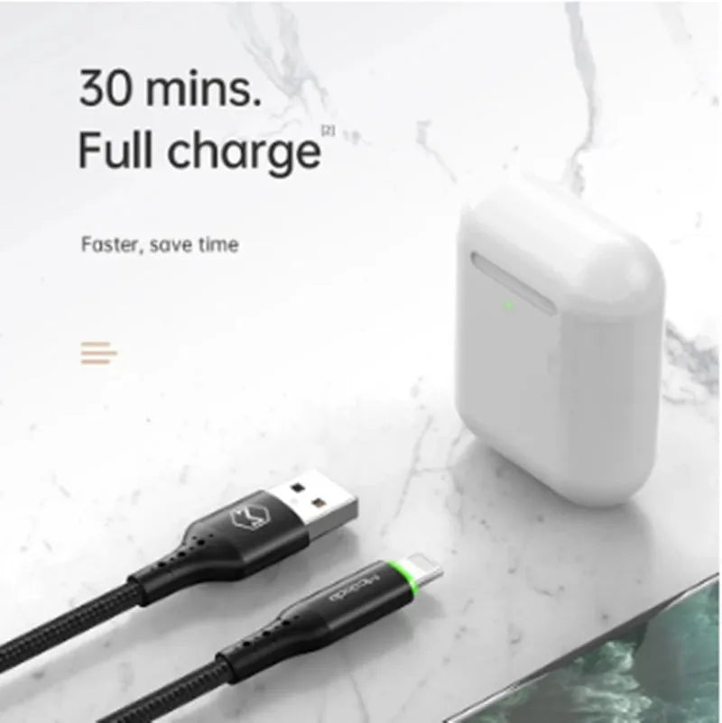 Black Apple MFi Lightning to USB A cable with dual-colour LED lights showing charging status