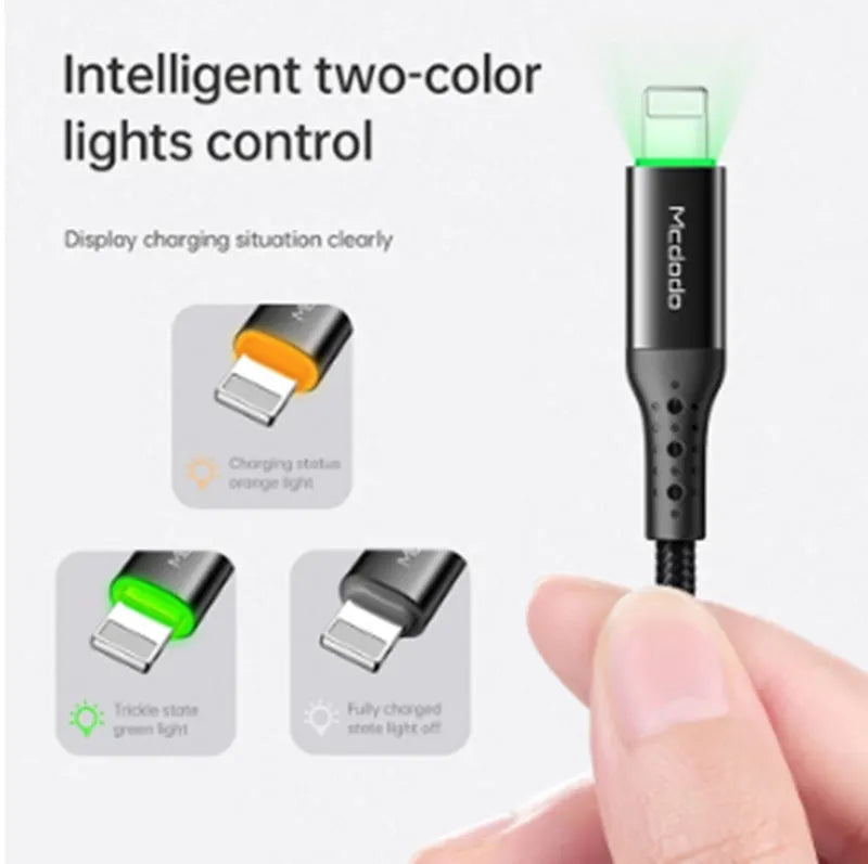 Black Apple MFi Lightning to USB A cable with dual-colour LED lights showing charging status