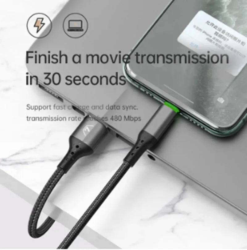 Black Apple MFi Lightning to USB A cable with dual-colour LED lights showing charging status