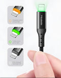 Black Apple MFi Lightning to USB A cable with dual-colour LED lights showing charging status