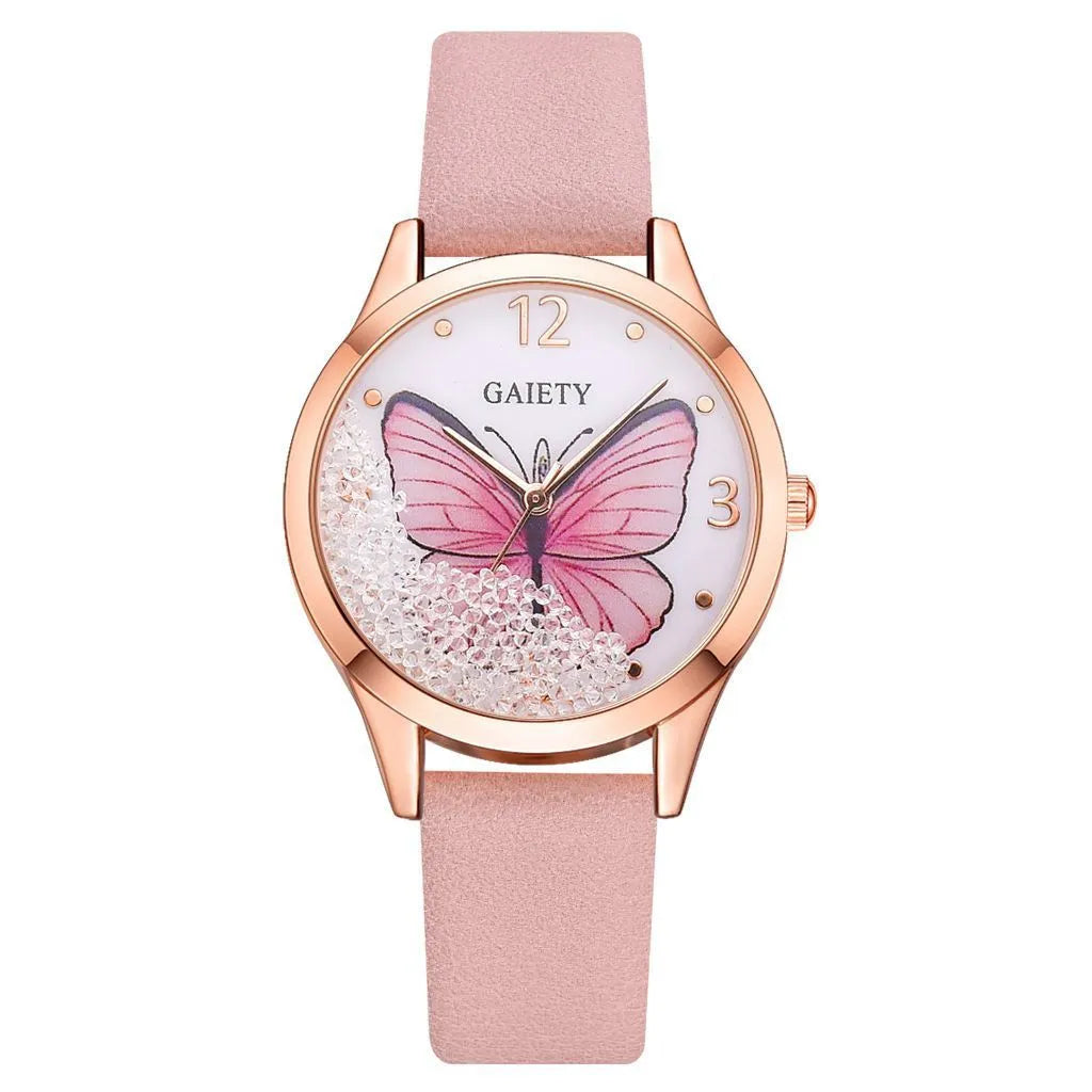 Gaiety women's watch with removable rhinestone butterfly decoration on 39mm round dial with leather strap