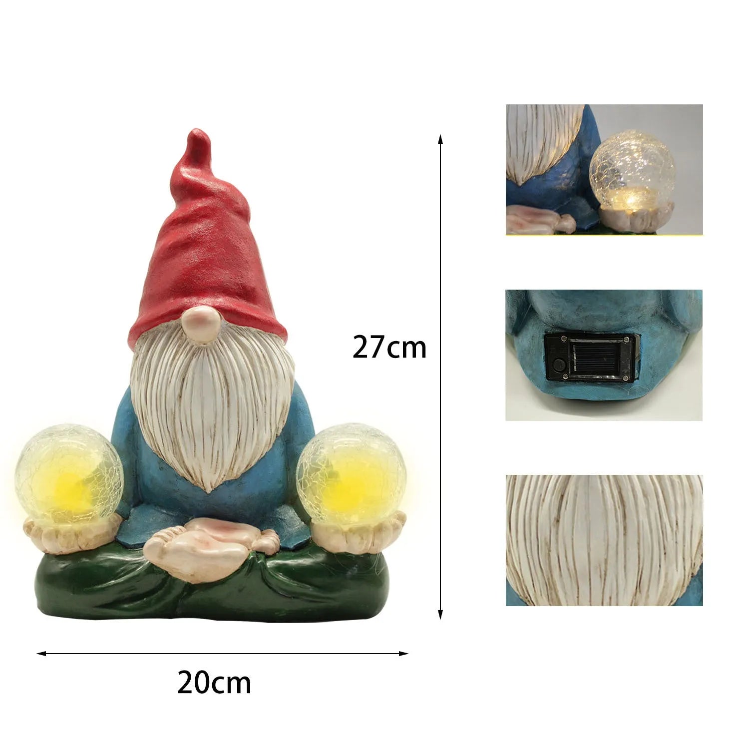 Solar LED resin dwarf doll outdoor garden ornament measuring 27x20cm
