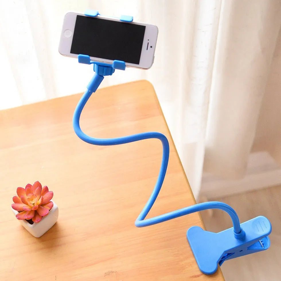 Black flexible arm phone holder with V-clip for smartphones on bed frame