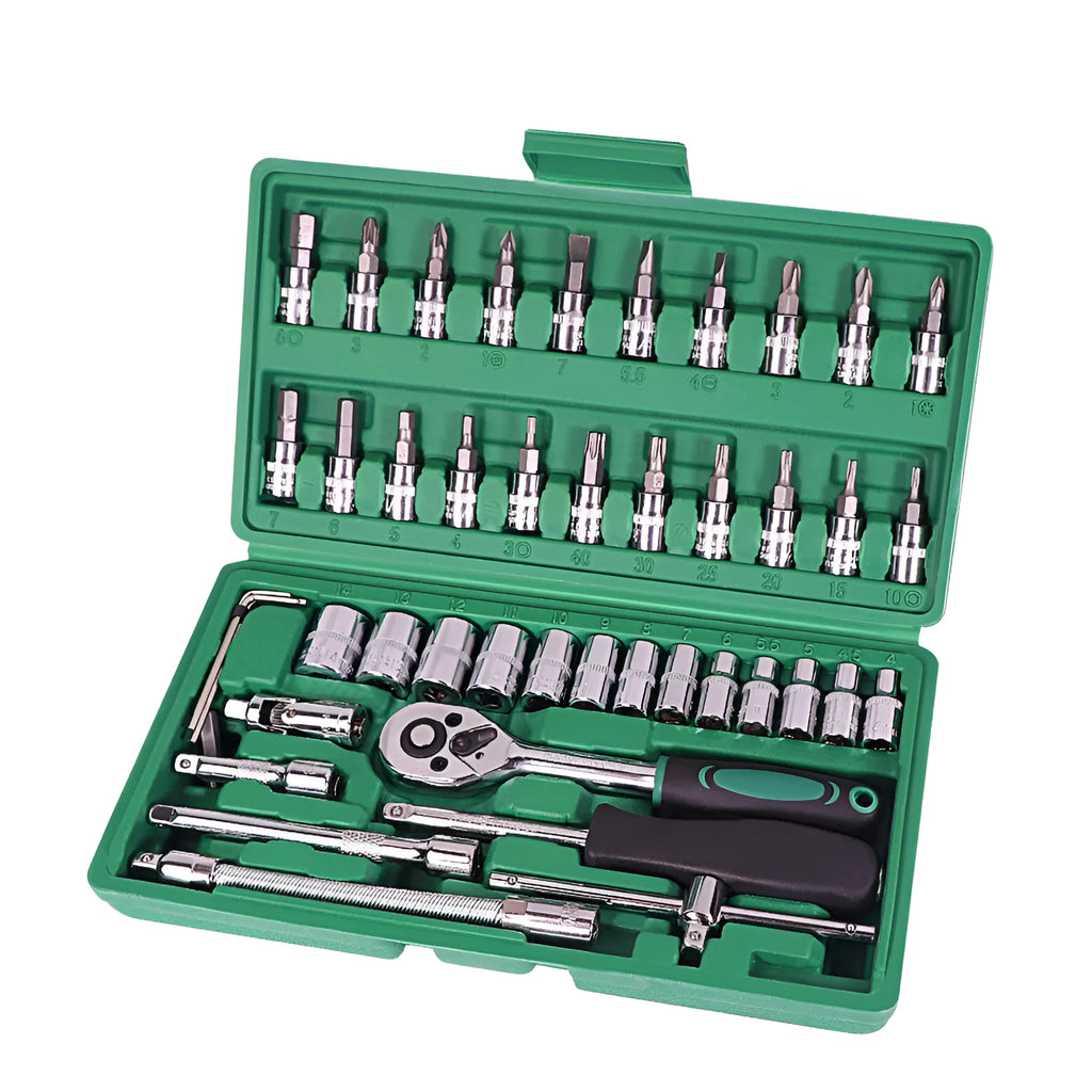Green plastic toolbox open to show a 46-piece alloy steel metric socket and wrench set for car repair.