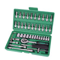 Green plastic toolbox open to show a 46-piece alloy steel metric socket and wrench set for car repair.