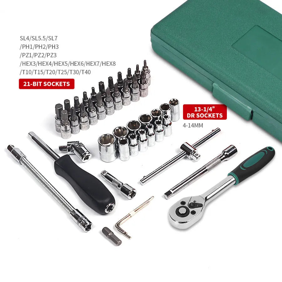 Green plastic toolbox open to show a 46-piece alloy steel metric socket and wrench set for car repair.