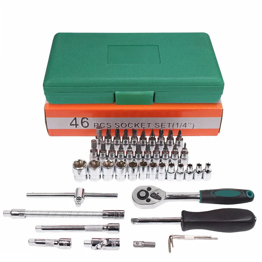 Green plastic toolbox open to show a 46-piece alloy steel metric socket and wrench set for car repair.