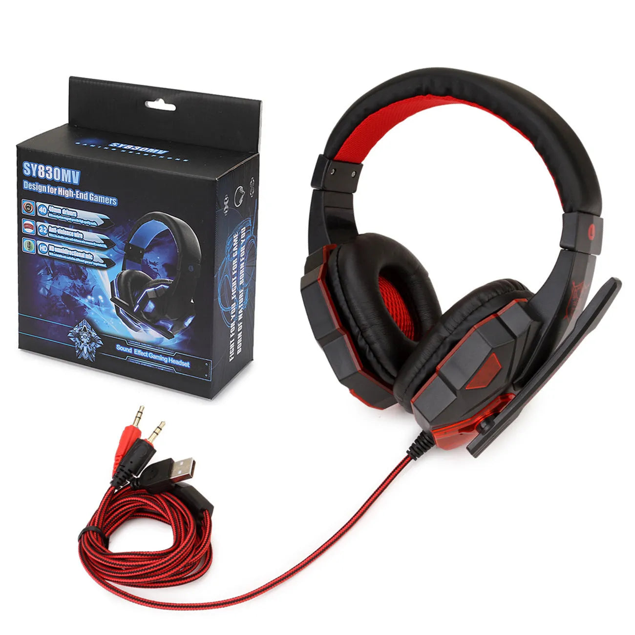 Black and red wired gaming headset with light-up ear cups and over-ear leather cushions.