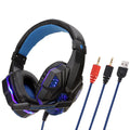 Black and red wired gaming headset with light-up ear cups and over-ear leather cushions.