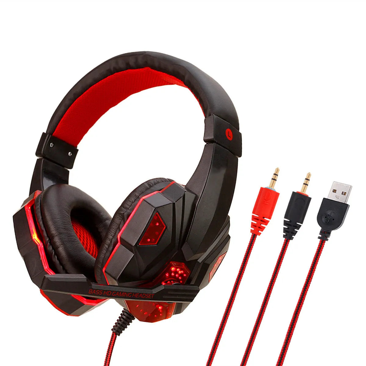 Black and red wired gaming headset with light-up ear cups and over-ear leather cushions.