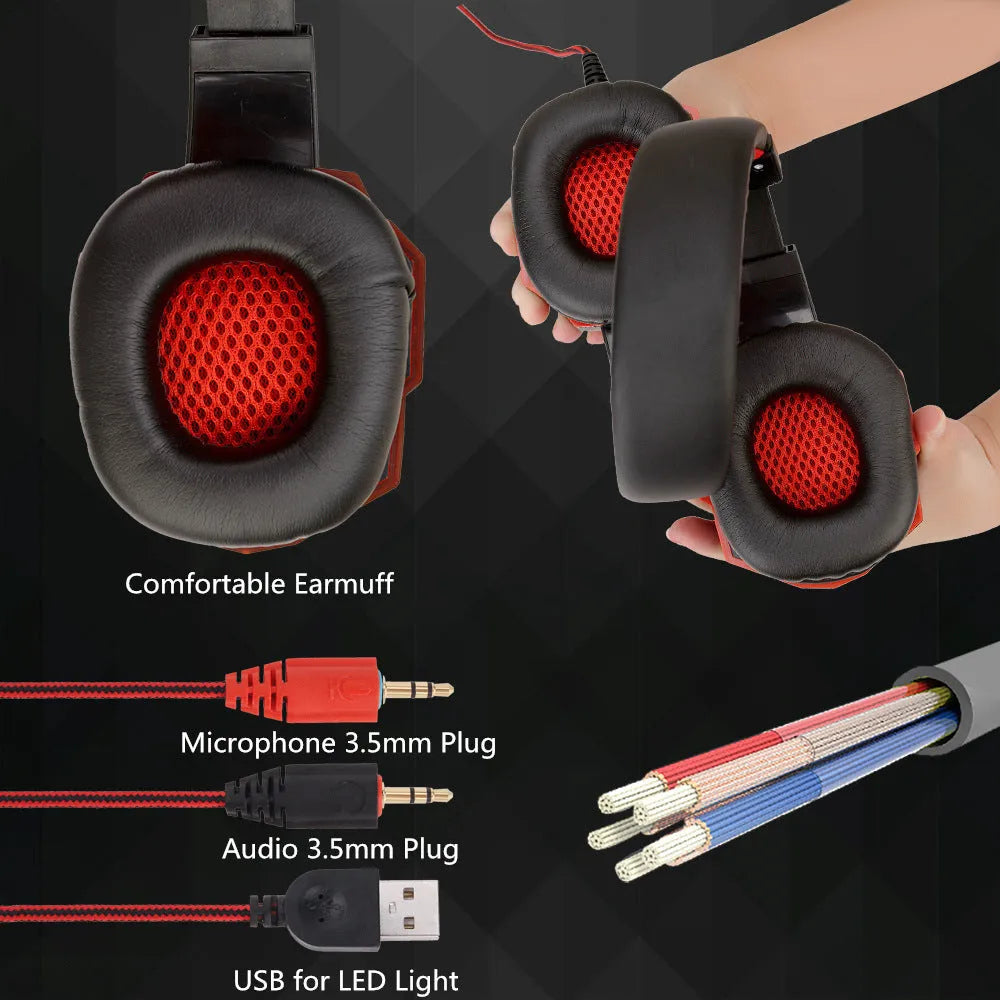Black and red wired gaming headset with light-up ear cups and over-ear leather cushions.