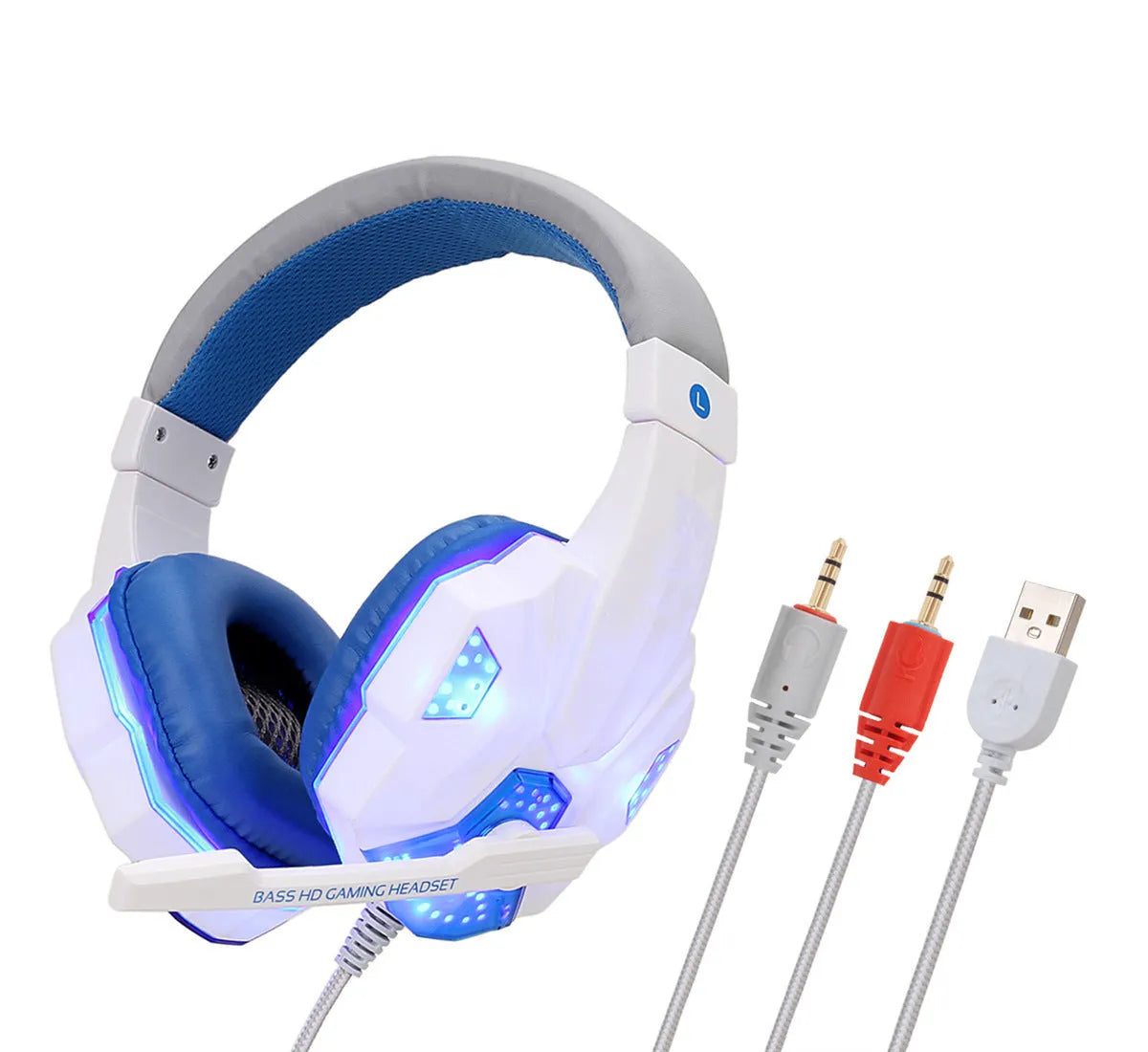 Black and red wired gaming headset with light-up ear cups and over-ear leather cushions.