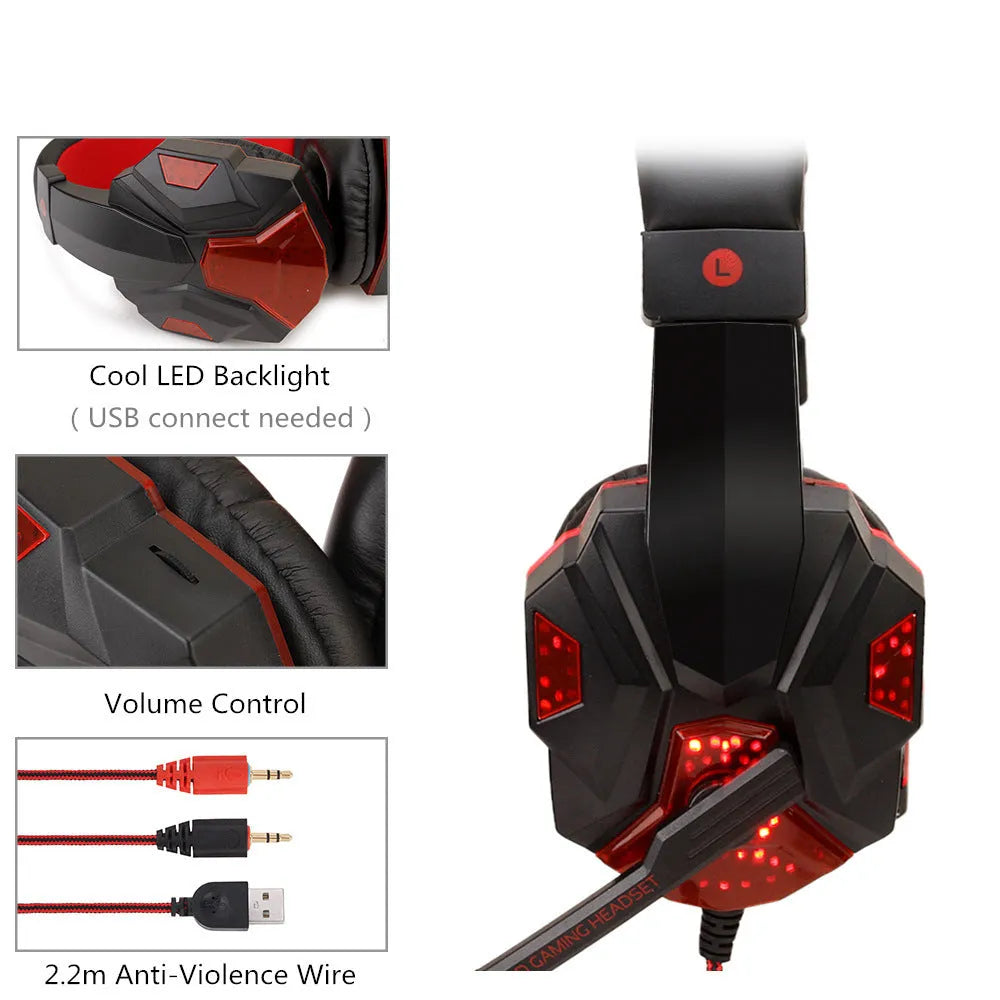 Black and red wired gaming headset with light-up ear cups and over-ear leather cushions.