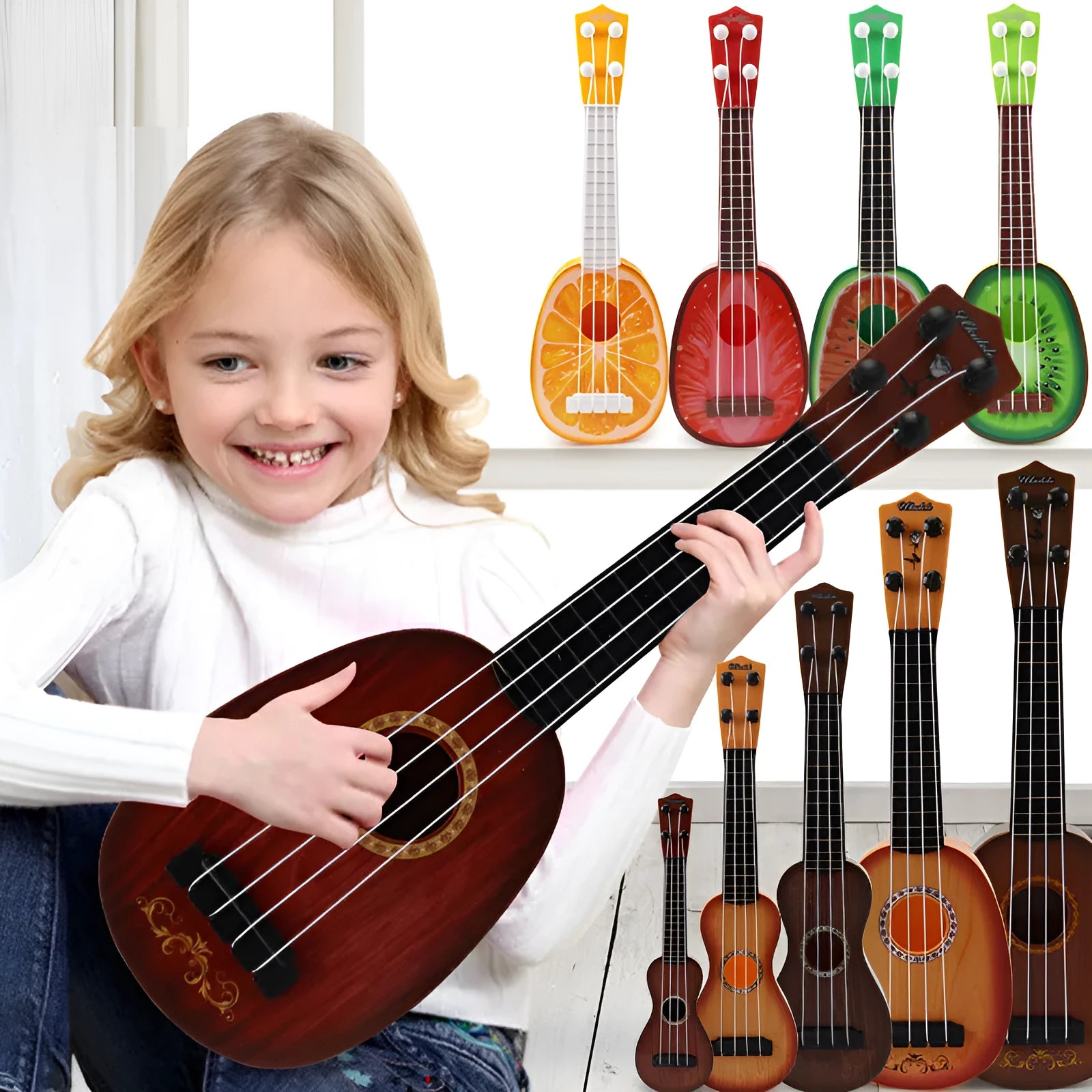 Plastic simulation ukulele toy for children with retro guitar design in colour box packaging