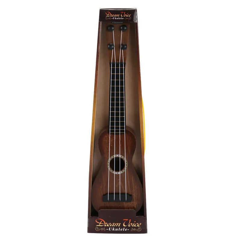 Plastic simulation ukulele toy for children with retro guitar design in colour box packaging