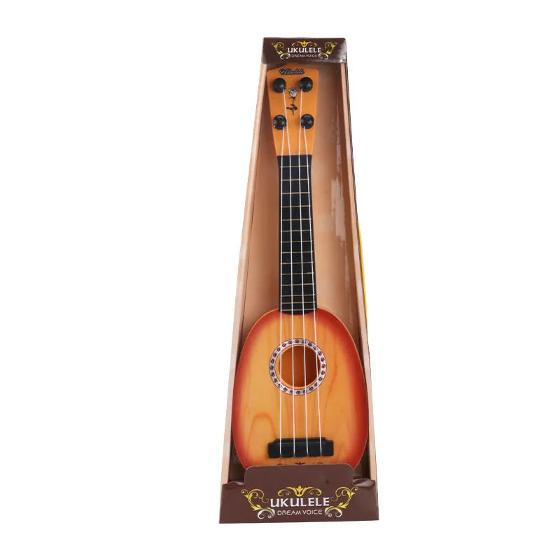 Plastic simulation ukulele toy for children with retro guitar design in colour box packaging
