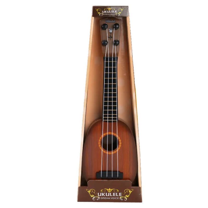 Plastic simulation ukulele toy for children with retro guitar design in colour box packaging