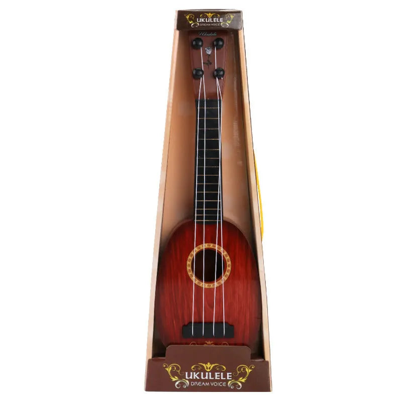 Plastic simulation ukulele toy for children with retro guitar design in colour box packaging