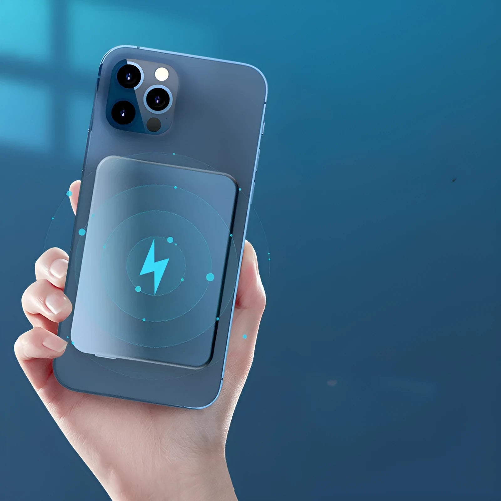 Silver aluminium magnetic wireless power bank for iPhone charging, showing slim profile.