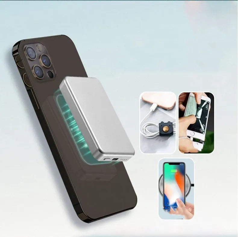 Silver aluminium magnetic wireless power bank for iPhone charging, showing slim profile.