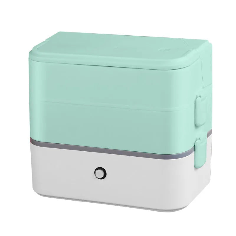 Double-layer portable heated lunch box with stainless steel liner and push-button controls