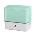 Double-layer portable heated lunch box with stainless steel liner and push-button controls