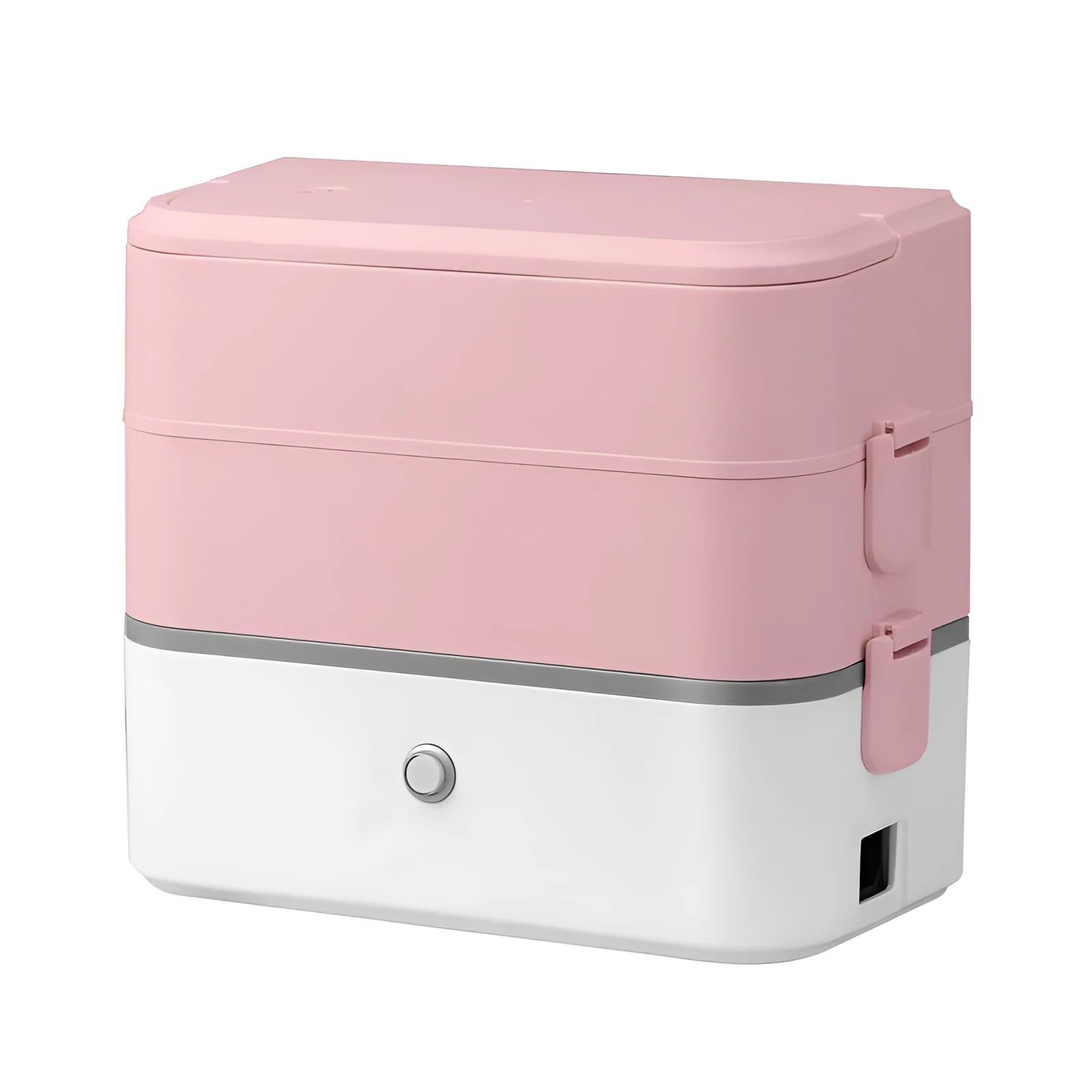 Double-layer portable heated lunch box with stainless steel liner and push-button controls