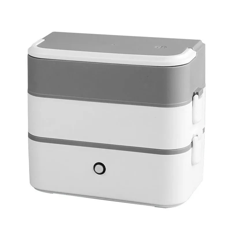 Double-layer portable heated lunch box with stainless steel liner and push-button controls