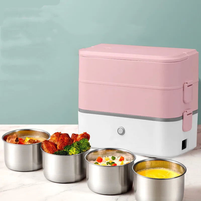 Double-layer portable heated lunch box with stainless steel liner and push-button controls