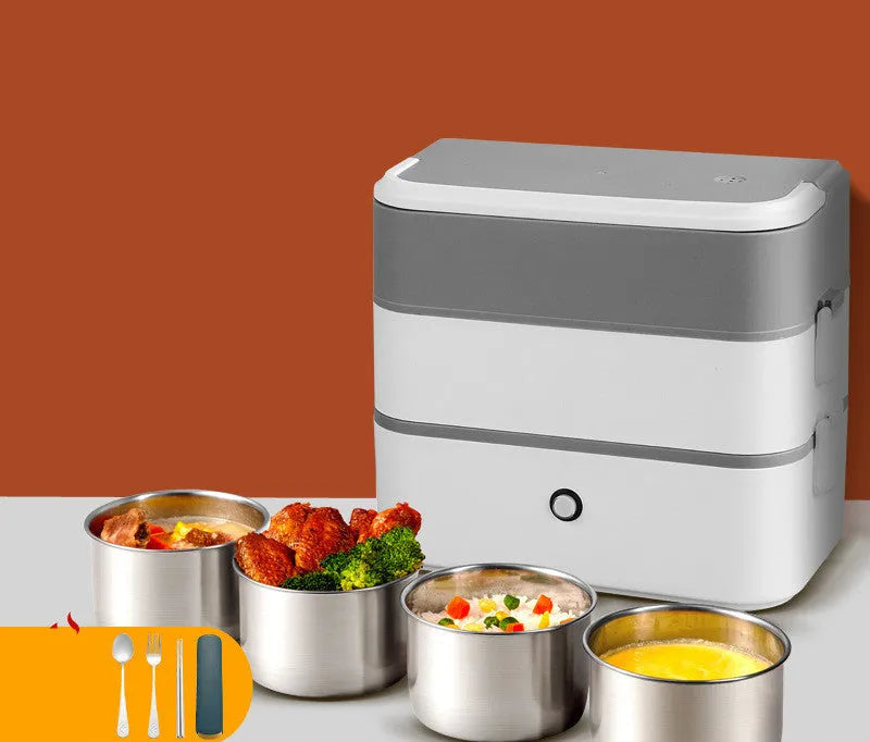 Double-layer portable heated lunch box with stainless steel liner and push-button controls