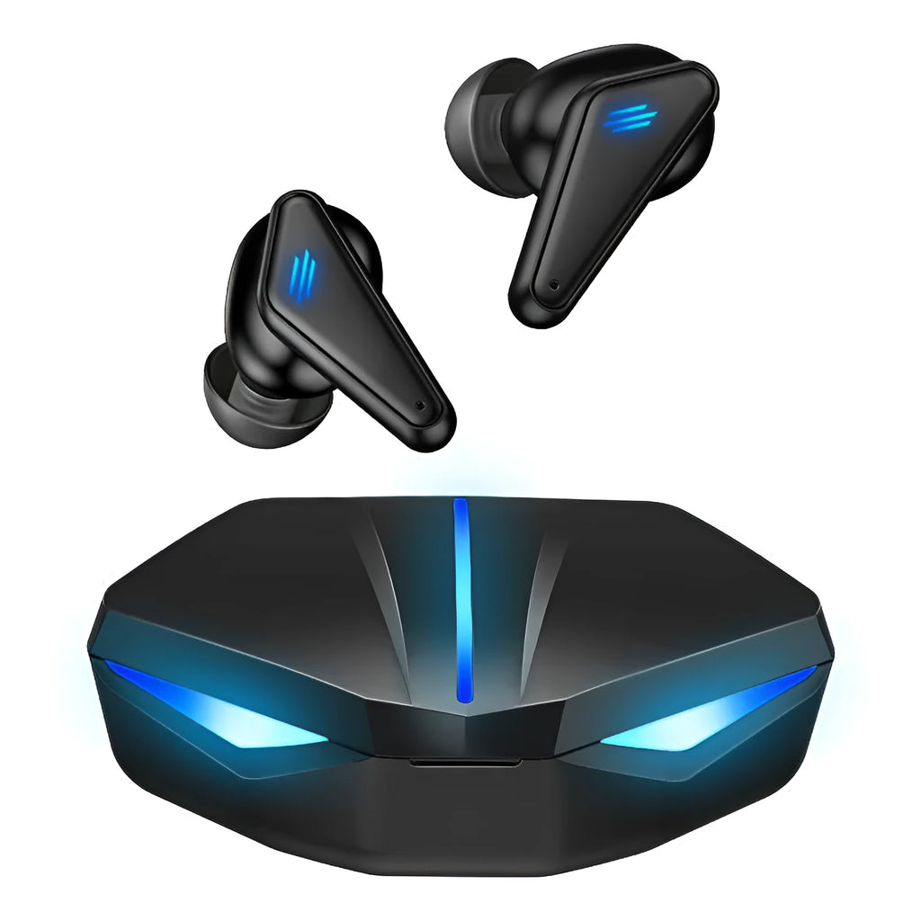 Blue Private Model K55 wireless Bluetooth gaming earbuds with charging case.