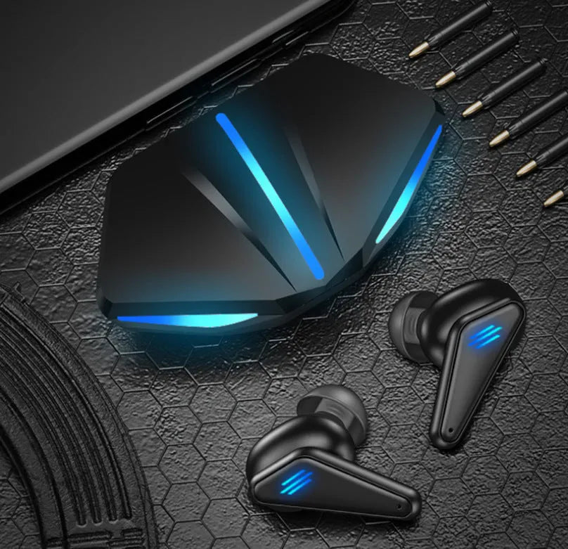 Blue Private Model K55 wireless Bluetooth gaming earbuds with charging case.