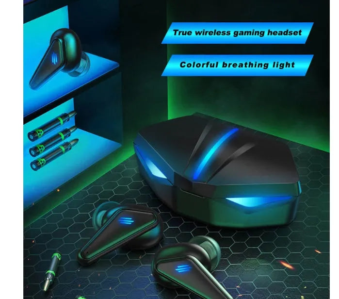 Blue Private Model K55 wireless Bluetooth gaming earbuds with charging case.