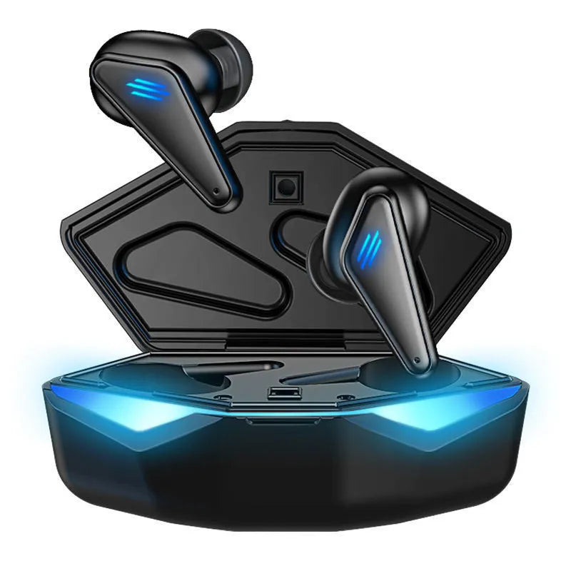 Blue Private Model K55 wireless Bluetooth gaming earbuds with charging case.