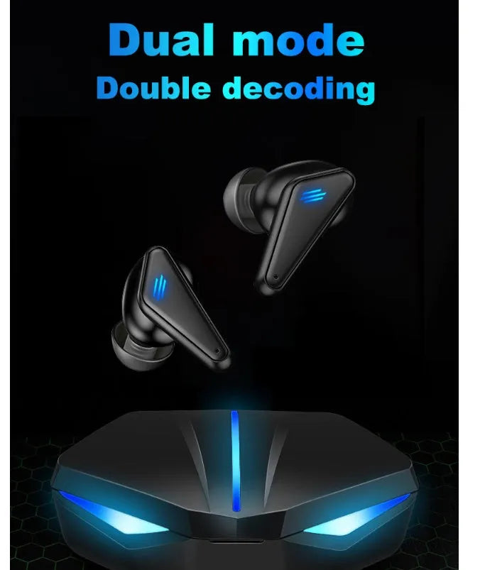 Blue Private Model K55 wireless Bluetooth gaming earbuds with charging case.