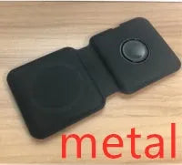 White foldable magnetic wireless charger charging two phones simultaneously on angled stand