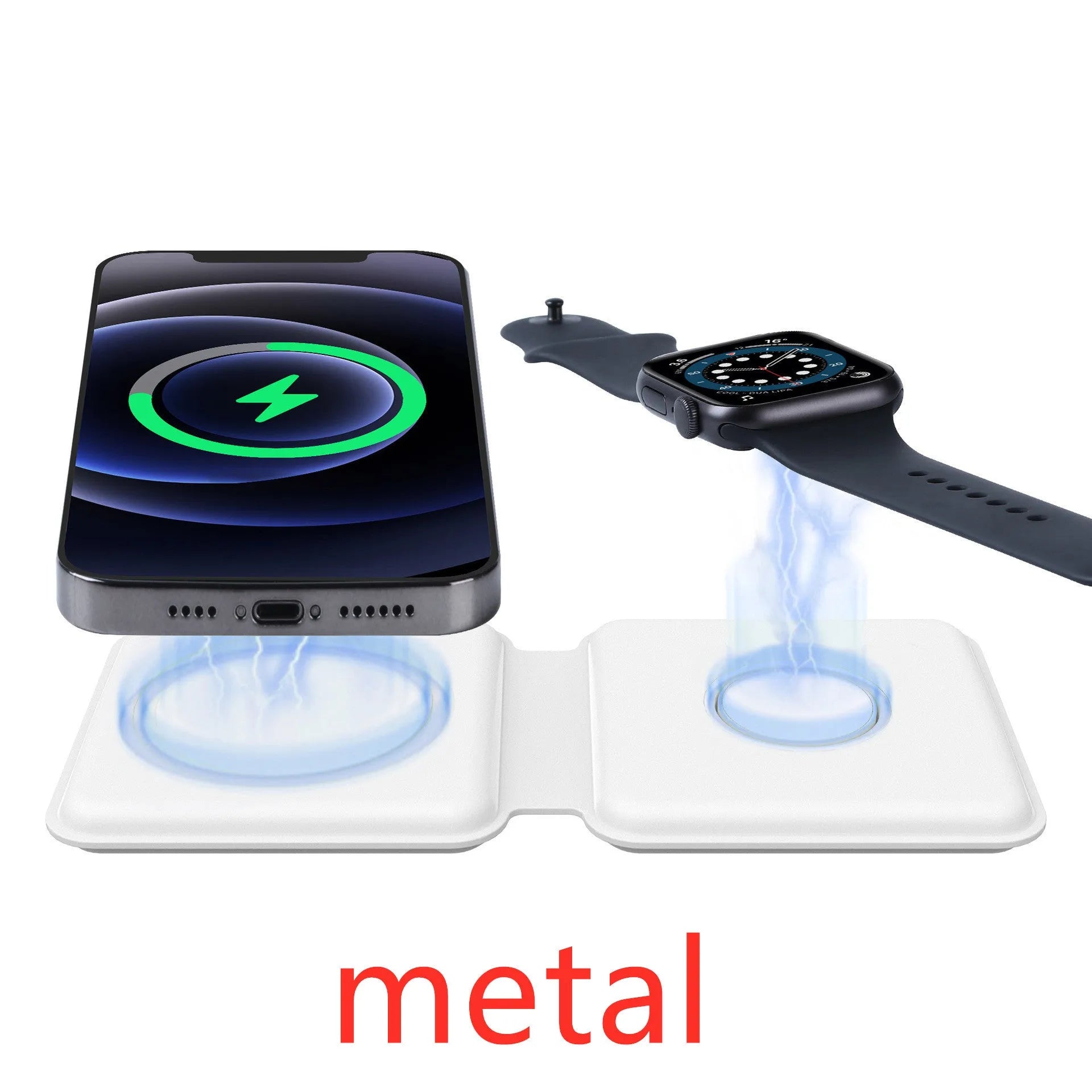 White foldable magnetic wireless charger charging two phones simultaneously on angled stand