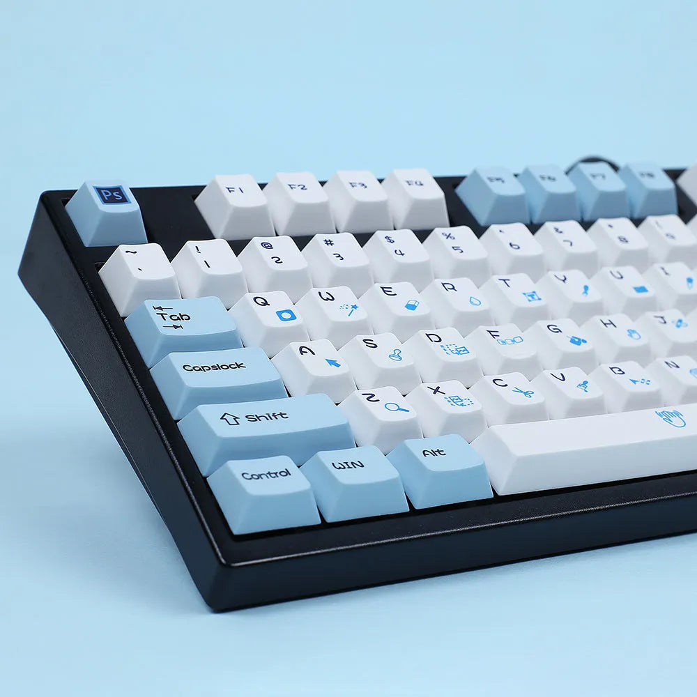 PS theme mechanical keyboard keycap set with blue and white sublimation patterns