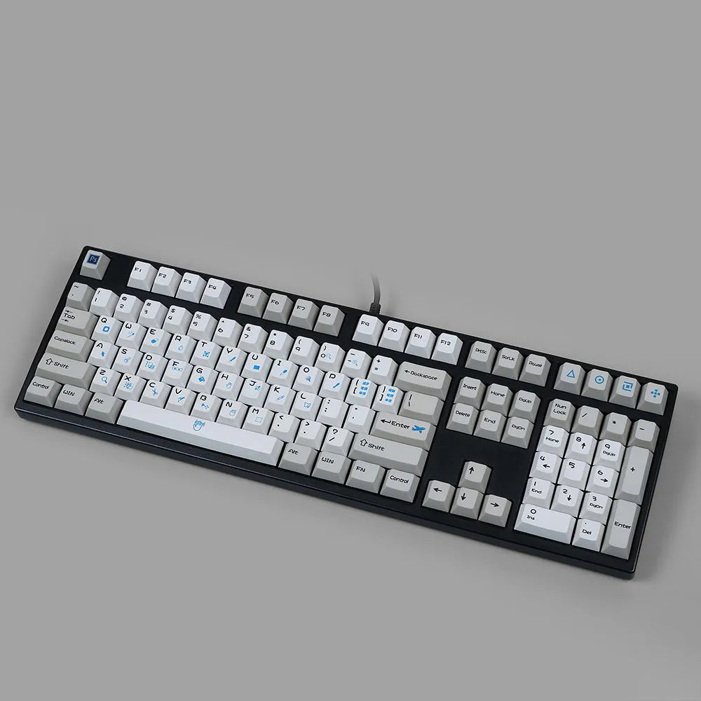 PS theme mechanical keyboard keycap set with blue and white sublimation patterns
