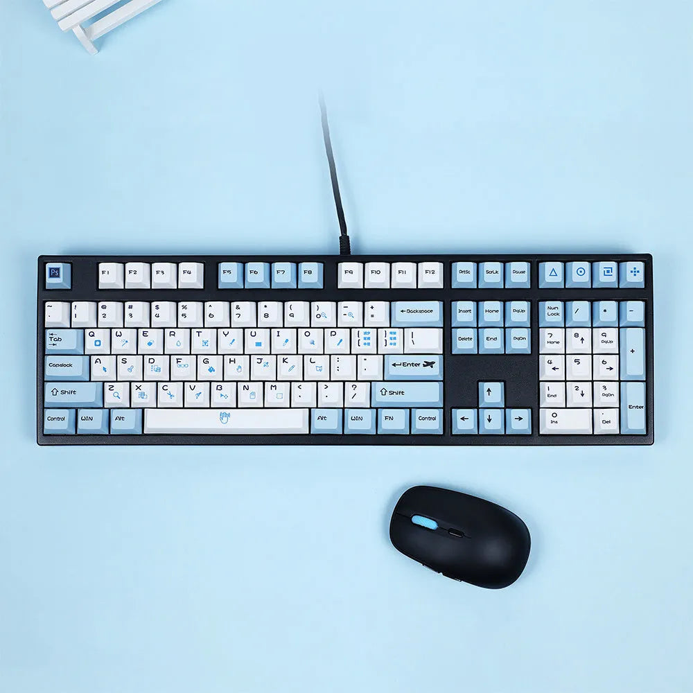 PS theme mechanical keyboard keycap set with blue and white sublimation patterns