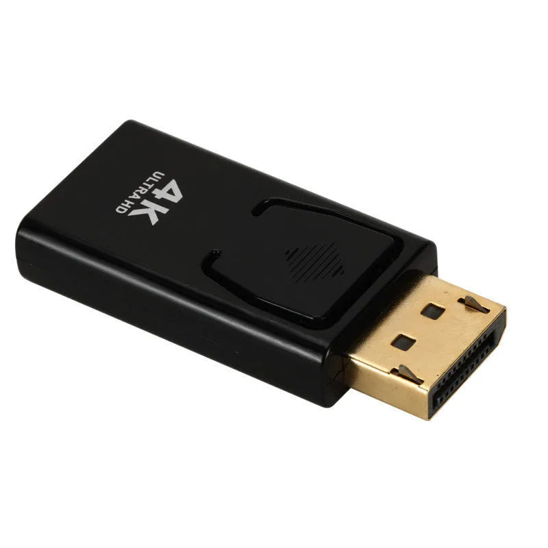 Black DisplayPort to HDMI adapter for 4K video conversion between computer and display