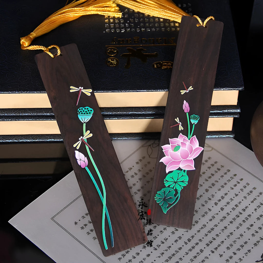 Traditional Chinese painted lotus sandalwood bookmark with polished finish and plant motif
