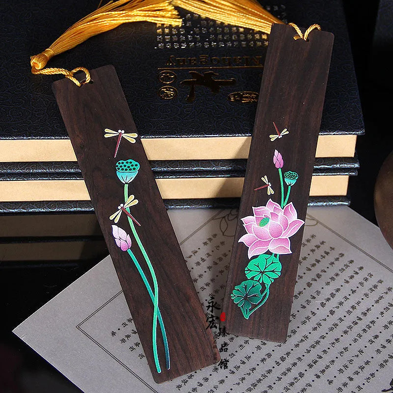 Traditional Chinese painted lotus sandalwood bookmark with polished finish and plant motif